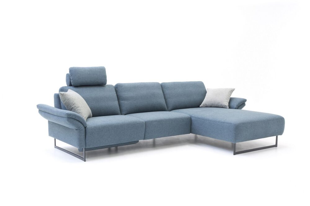 nowoczesna sofa z funkcją relax wygodna kanapa do salonu, niebieski narożnik z zagłówkiem do salonu, elegancka kanapa